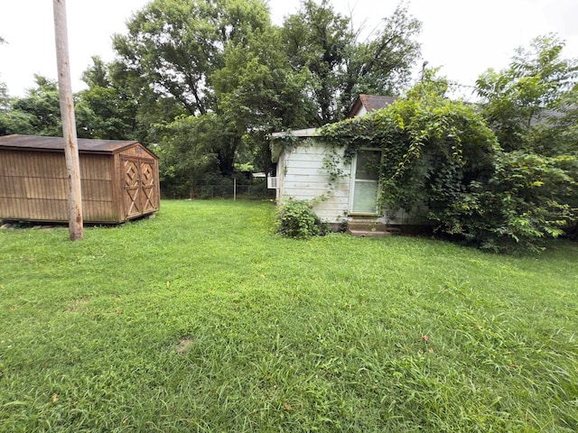 209 Olive St, Mount Pleasant, TN 38474 - view of green lawn featuring a shed and entry steps
