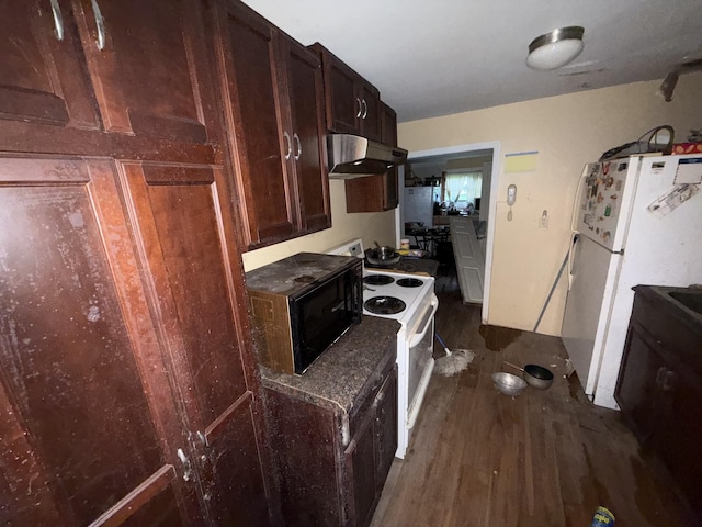 209 Olive St, Mount Pleasant, TN 38474 - kitchen with white appliances, ventilation hood, dark wood-style floors, and dark brown cabinetry