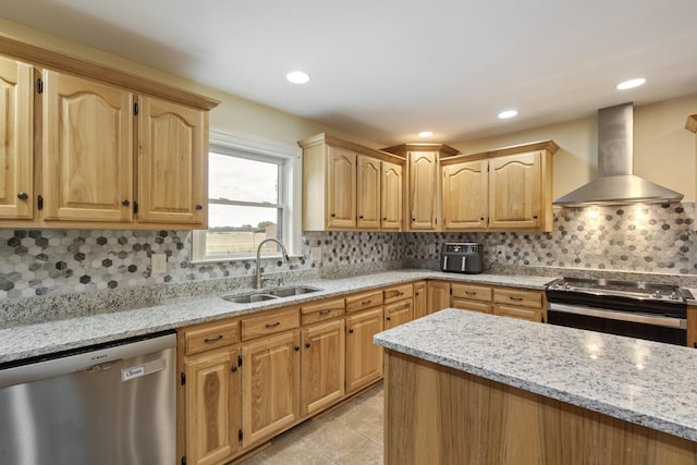 2680 Cedar Grove Rd, Lebanon, TN 37087 - kitchen with wall chimney exhaust hood, range with electric stovetop, dishwasher, light stone counters, and recessed lighting