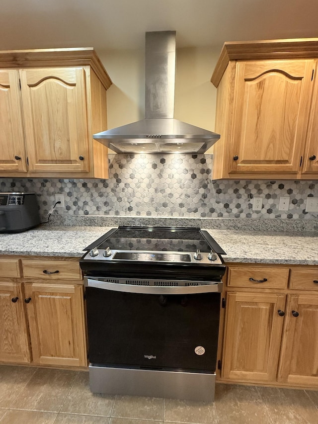 2680 Cedar Grove Rd, Lebanon, TN 37087 - kitchen with electric range, wall chimney range hood, decorative backsplash, light brown cabinets, and light stone countertops