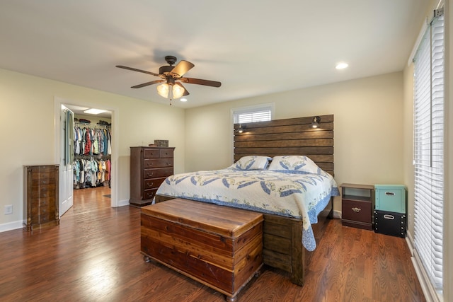 2680 Cedar Grove Rd, Lebanon, TN 37087 - bedroom with dark wood-style flooring, a walk in closet, ceiling fan, and recessed lighting