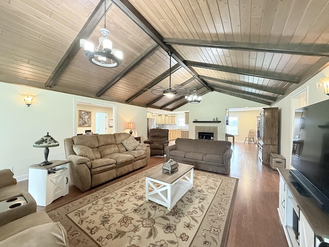2680 Cedar Grove Rd, Lebanon, TN 37087 - living area featuring wood ceiling, wood finished floors, a tile fireplace, ceiling fan, and a chandelier