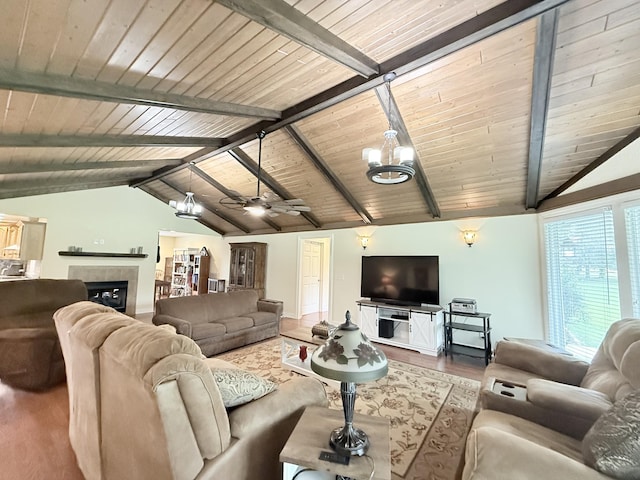 2680 Cedar Grove Rd, Lebanon, TN 37087 - living area with wood finished floors, a ceiling fan, wood ceiling, and a tile fireplace