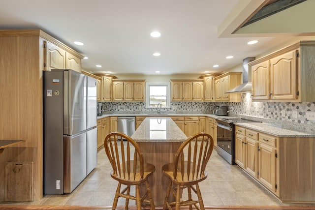 2680 Cedar Grove Rd, Lebanon, TN 37087 - kitchen featuring stainless steel appliances, wall chimney exhaust hood, light tile patterned floors, a center island, and tasteful backsplash