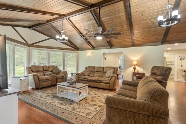 2680 Cedar Grove Rd, Lebanon, TN 37087 - living room featuring a chandelier, wood ceiling, wood finished floors, and a ceiling fan