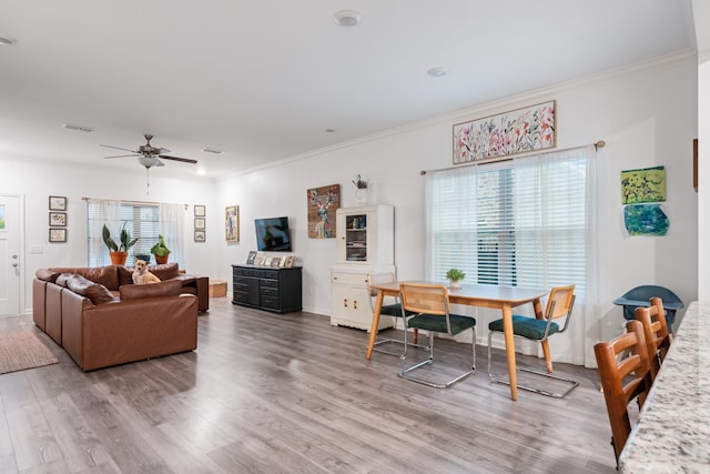 611 Hawkeye Ct, Eagleville, TN 37060 - living room featuring a ceiling fan, wood finished floors, and ornamental molding