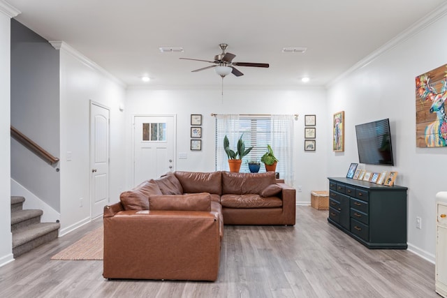 611 Hawkeye Ct, Eagleville, TN 37060 - living area featuring light wood-style floors, ceiling fan, stairway, crown molding, and recessed lighting