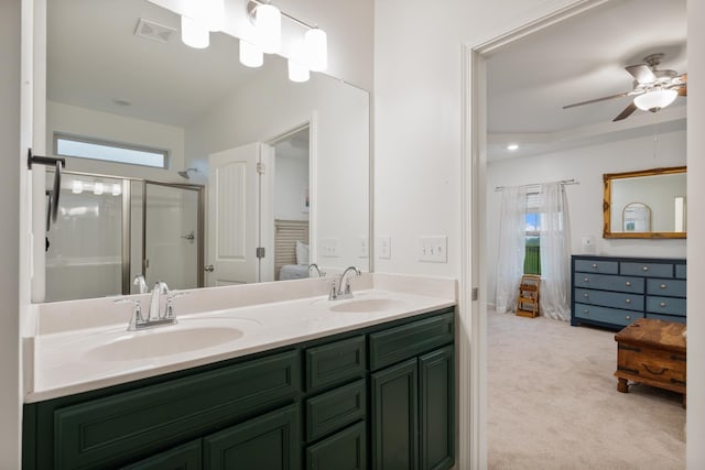611 Hawkeye Ct, Eagleville, TN 37060 - ensuite bathroom featuring double vanity, a shower stall, and ceiling fan