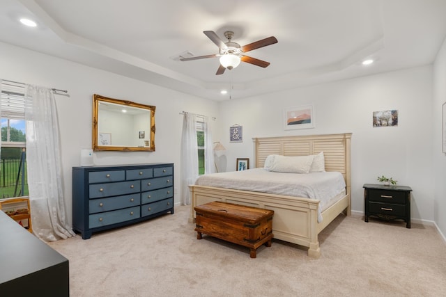 611 Hawkeye Ct, Eagleville, TN 37060 - bedroom with a raised ceiling, recessed lighting, light carpet, a ceiling fan, and access to exterior