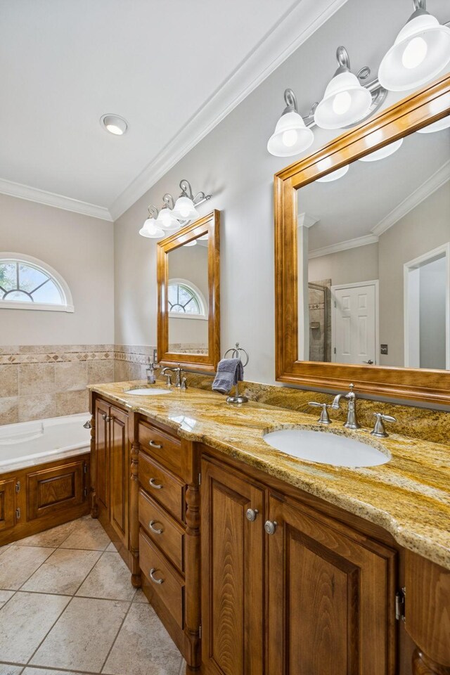 2707 Albany Ct, Murfreesboro, TN 37129 - full bathroom with double vanity, tile patterned flooring, a bath, and crown molding
