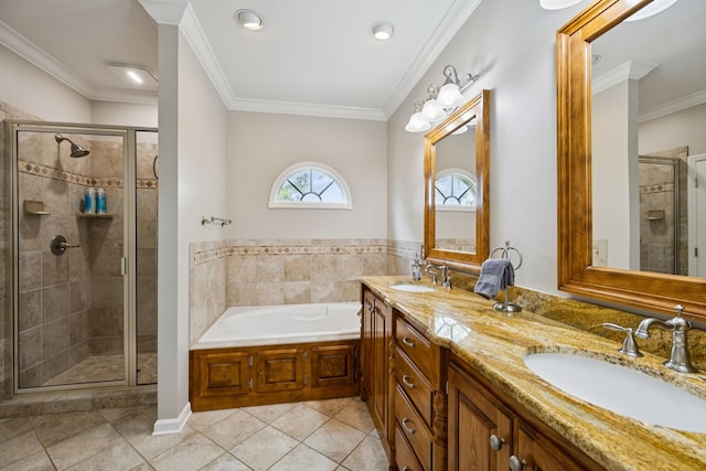 2707 Albany Ct, Murfreesboro, TN 37129 - full bathroom with double vanity, a shower stall, a bath, tile patterned flooring, and crown molding