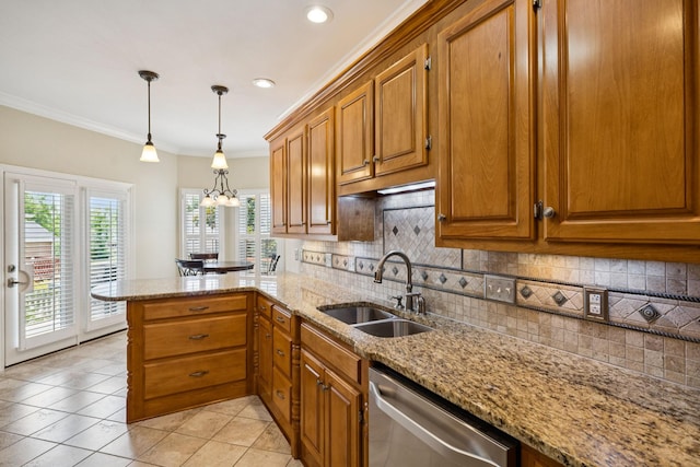 2707 Albany Ct, Murfreesboro, TN 37129 - kitchen featuring stainless steel dishwasher, brown cabinetry, tasteful backsplash, a peninsula, and light tile patterned floors