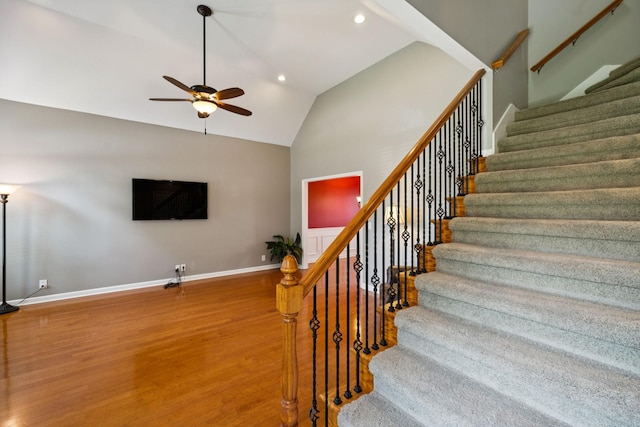 2707 Albany Ct, Murfreesboro, TN 37129 - stairway featuring ceiling fan, lofted ceiling, wood finished floors, and recessed lighting