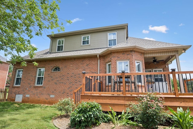 2707 Albany Ct, Murfreesboro, TN 37129 - back of property featuring ceiling fan, brick siding, a shingled roof, and a deck