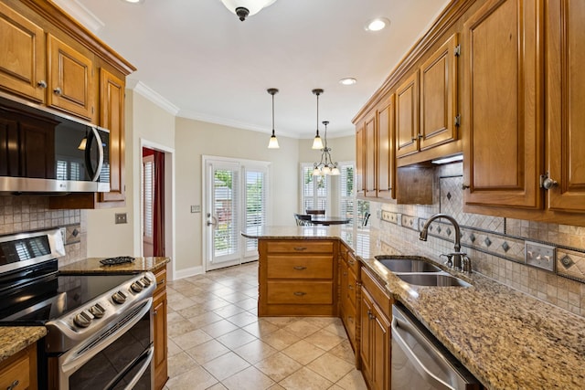 2707 Albany Ct, Murfreesboro, TN 37129 - kitchen with appliances with stainless steel finishes, brown cabinets, backsplash, a peninsula, and light tile patterned flooring