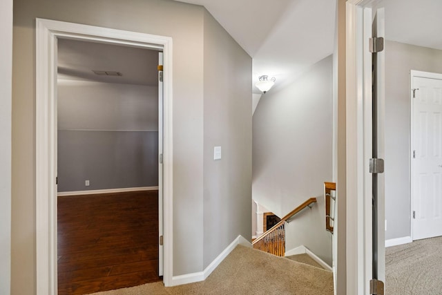 2707 Albany Ct, Murfreesboro, TN 37129 - hallway featuring an upstairs landing, carpet floors, and wood finished floors