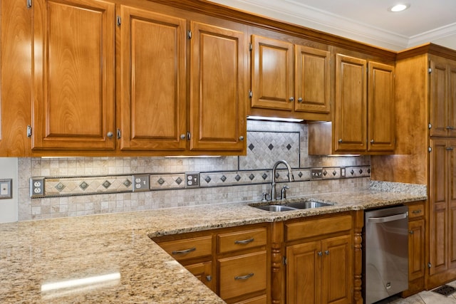 2707 Albany Ct, Murfreesboro, TN 37129 - kitchen with stainless steel dishwasher, brown cabinets, light stone countertops, and crown molding