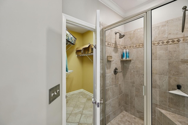 2707 Albany Ct, Murfreesboro, TN 37129 - bathroom with a spacious closet, a stall shower, and crown molding