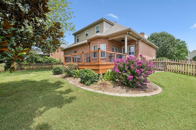 2707 Albany Ct, Murfreesboro, TN 37129 - rear view of property featuring a ceiling fan, brick siding, a fenced backyard, a wooden deck, and a chimney