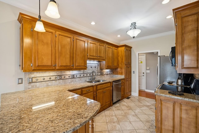 2707 Albany Ct, Murfreesboro, TN 37129 - kitchen with appliances with stainless steel finishes, brown cabinetry, decorative backsplash, recessed lighting, and ornamental molding