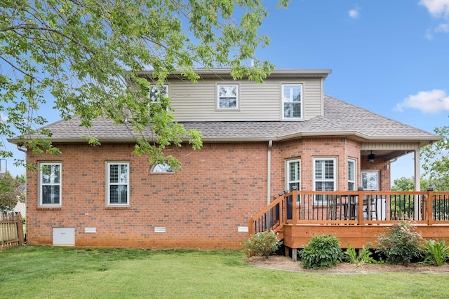 2707 Albany Ct, Murfreesboro, TN 37129 - back of property featuring brick siding, a wooden deck, a shingled roof, and a ceiling fan