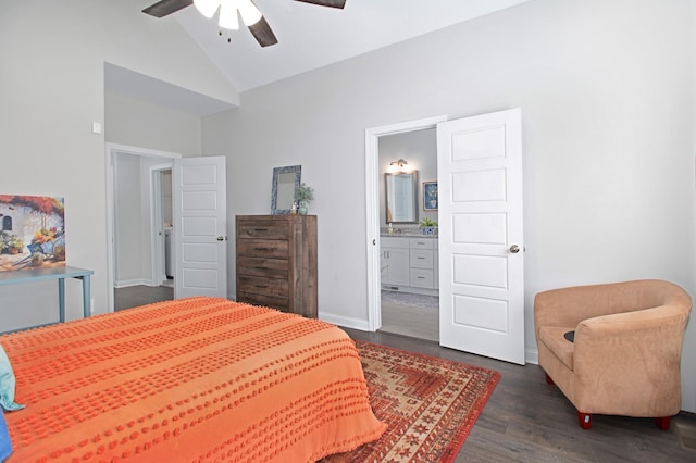 118 Colson Rd, Dover, TN 37058 - bedroom with dark wood-type flooring, high vaulted ceiling, ensuite bathroom, and ceiling fan