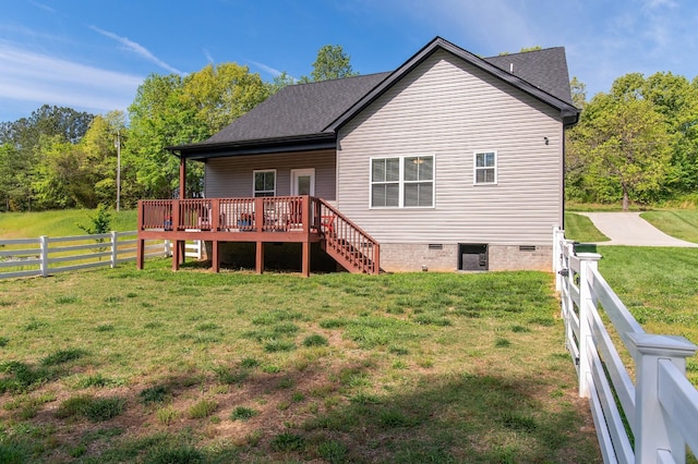 118 Colson Rd, Dover, TN 37058 - back of house with crawl space, a deck, a fenced backyard, stairs, and a shingled roof
