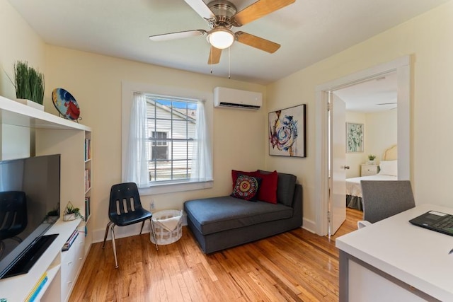 3102 Crescent Cir, Chattanooga, TN 37407 - home office with a wall mounted air conditioner, light wood-style floors, and a ceiling fan