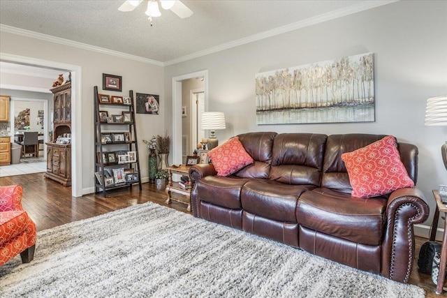 615 S Moore Rd, Chattanooga, TN 37412 - living room featuring ceiling fan, wood finished floors, crown molding, and a textured ceiling