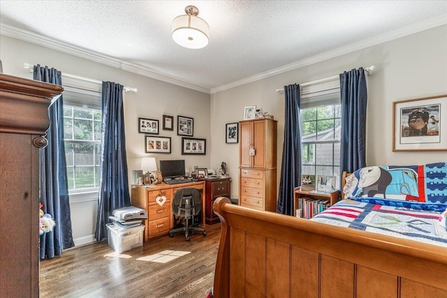 615 S Moore Rd, Chattanooga, TN 37412 - bedroom with multiple windows, wood finished floors, ornamental molding, a desk, and a textured ceiling