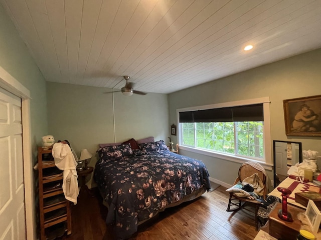407 Cedar Rd, Pikeville, TN 37367 - bedroom with wood finished floors, a ceiling fan, wooden ceiling, and recessed lighting