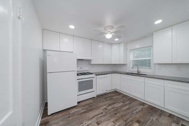400 7th Ave, Fayetteville, TN 37334 - kitchen with white appliances, ceiling fan, dark wood-style floors, white cabinets, and recessed lighting