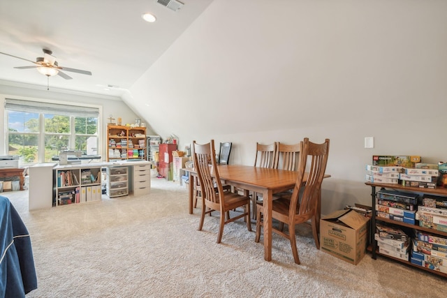 1111 Willow Springs Dr, Lebanon, TN 37087 - dining area with vaulted ceiling, ceiling fan, and carpet floors