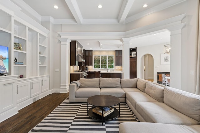 3 Annandale, Nashville, TN 37215 - living room with ornate columns, arched walkways, dark wood-style floors, recessed lighting, and beamed ceiling