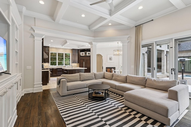 3 Annandale, Nashville, TN 37215 - living area with ornate columns, ceiling fan, coffered ceiling, recessed lighting, and dark wood-type flooring
