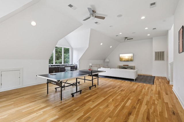 3 Annandale, Nashville, TN 37215 - rec room with a ceiling fan, light wood-style flooring, vaulted ceiling, and recessed lighting