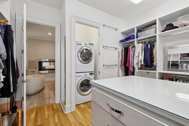 3 Annandale, Nashville, TN 37215 - washroom featuring stacked washer / drying machine, light wood-style floors, and recessed lighting