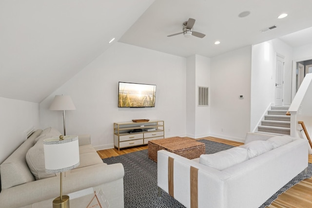 3 Annandale, Nashville, TN 37215 - living area featuring light wood-style flooring, ceiling fan, vaulted ceiling, recessed lighting, and stairway