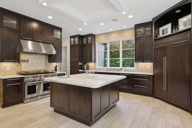 3 Annandale, Nashville, TN 37215 - kitchen with premium appliances, under cabinet range hood, a tray ceiling, backsplash, and recessed lighting