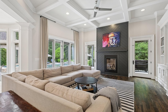 3 Annandale, Nashville, TN 37215 - living area featuring a large fireplace, coffered ceiling, dark wood-style flooring, a ceiling fan, and beam ceiling