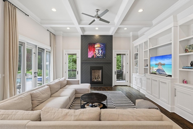 3 Annandale, Nashville, TN 37215 - living room with healthy amount of natural light, dark wood-style flooring, coffered ceiling, beamed ceiling, and a fireplace