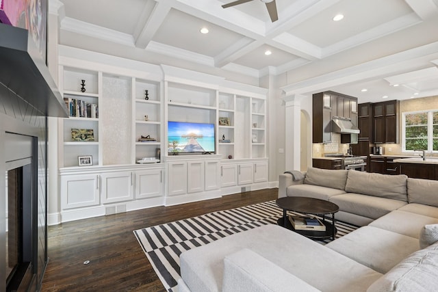 3 Annandale, Nashville, TN 37215 - living room featuring dark wood-style floors, beam ceiling, recessed lighting, ceiling fan, and coffered ceiling