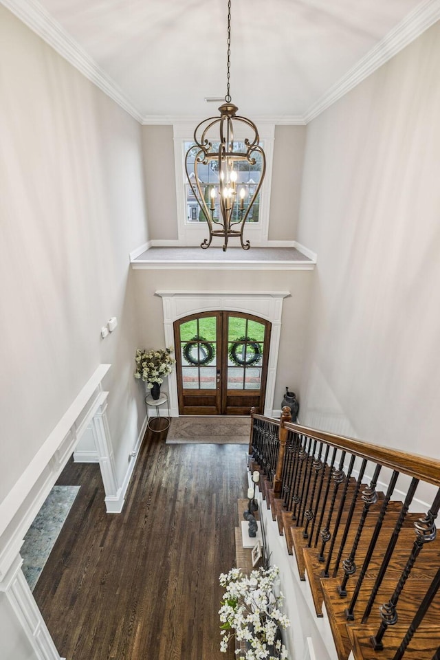 1808 Mosaic Trl, Murfreesboro, TN 37130 - entryway with a chandelier, wood finished floors, ornamental molding, french doors, and a high ceiling