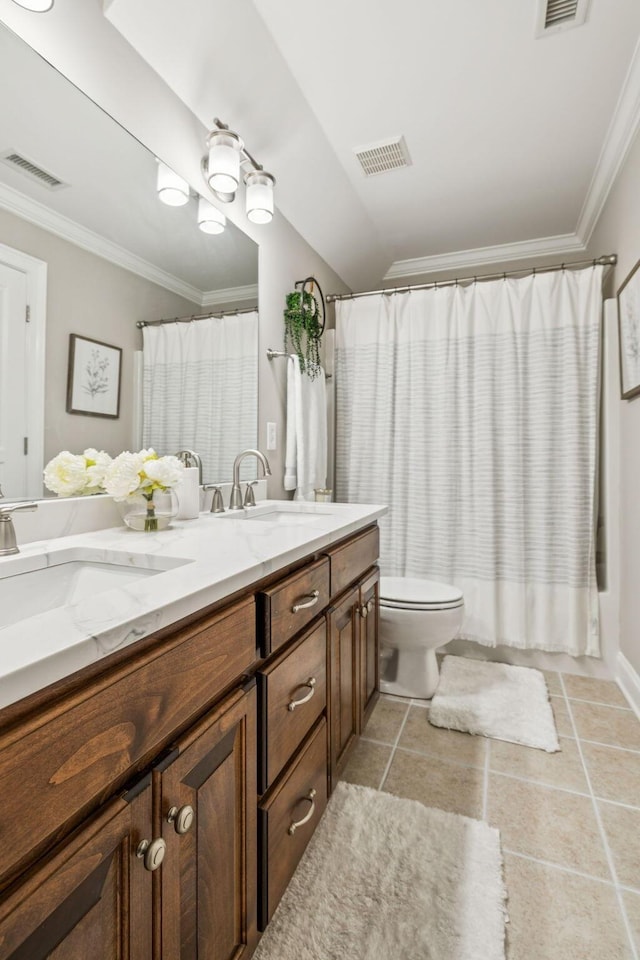 1808 Mosaic Trl, Murfreesboro, TN 37130 - full bath featuring double vanity, ornamental molding, tile patterned floors, and a shower with curtain