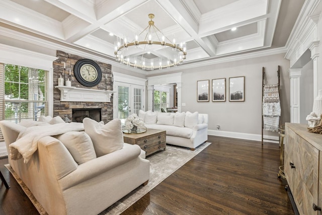 1808 Mosaic Trl, Murfreesboro, TN 37130 - living room with plenty of natural light, a chandelier, a fireplace, dark wood finished floors, and ornamental molding