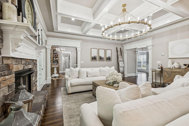 1808 Mosaic Trl, Murfreesboro, TN 37130 - living area with decorative columns, dark wood-style floors, coffered ceiling, ornamental molding, and beam ceiling