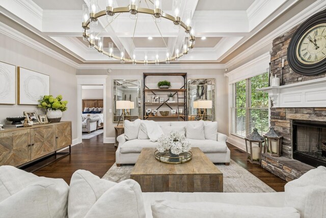 1808 Mosaic Trl, Murfreesboro, TN 37130 - living room with coffered ceiling, ornamental molding, a chandelier, wood finished floors, and a stone fireplace