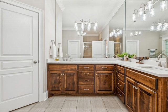 1808 Mosaic Trl, Murfreesboro, TN 37130 - full bathroom with a shower stall, double vanity, ornamental molding, a chandelier, and tile patterned flooring