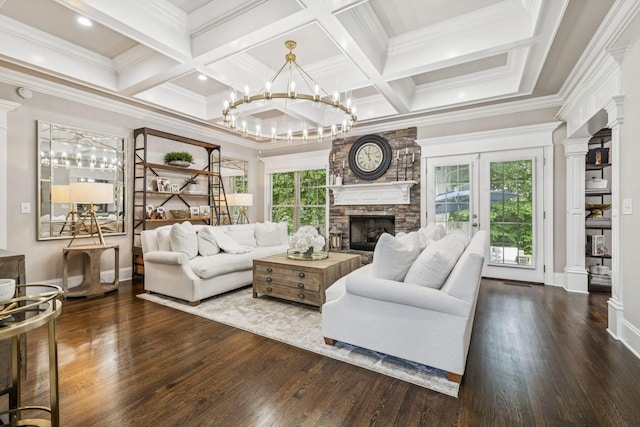 1808 Mosaic Trl, Murfreesboro, TN 37130 - living room featuring a stone fireplace, wood finished floors, decorative columns, ornamental molding, and beamed ceiling