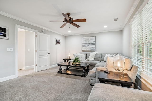 1808 Mosaic Trl, Murfreesboro, TN 37130 - living room featuring ceiling fan, recessed lighting, crown molding, and carpet